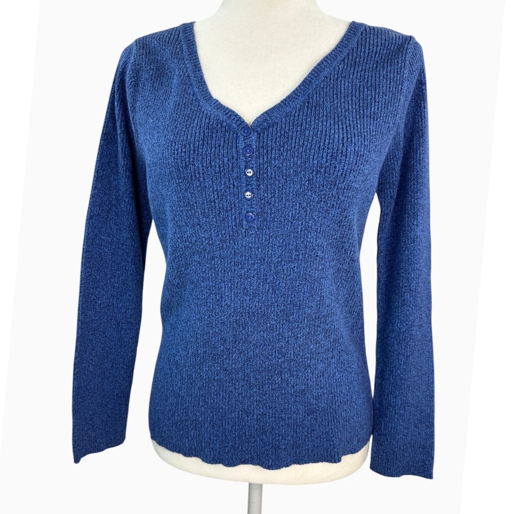 Difference Point Women's L Blue 100% Cotton Ribbed Henley V Neck Sweater